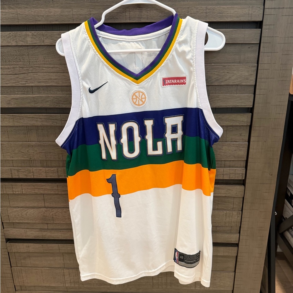 Nike White NOLA Basketball Tank with Purple, Green & Gold Stripes